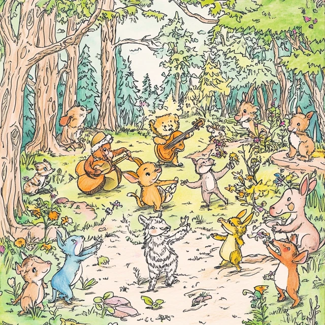 Animal Dance Party Forest Clearing Illustration