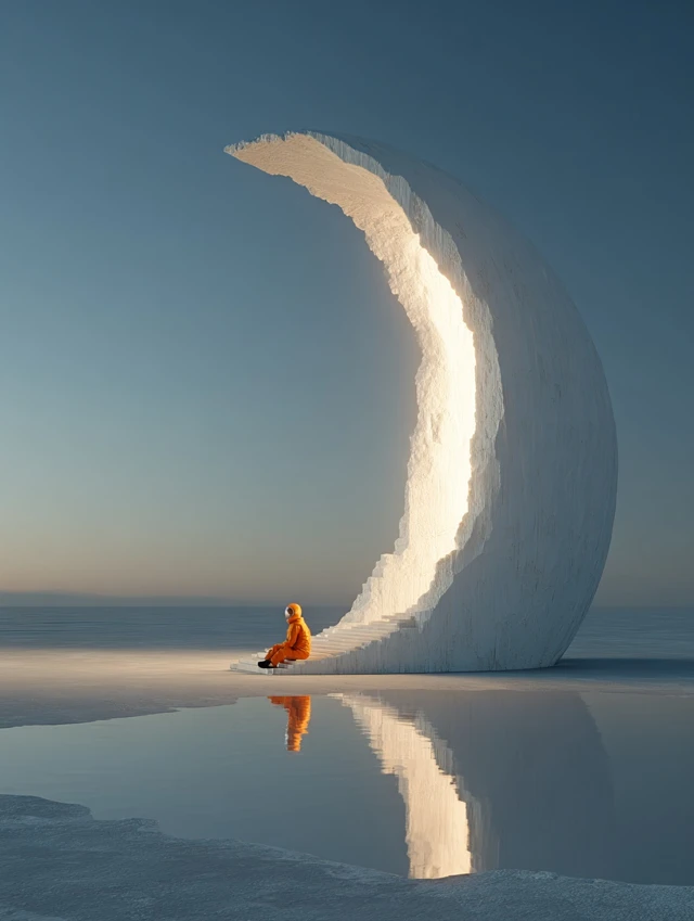 Moon Astronaut on Ice Lake Winter