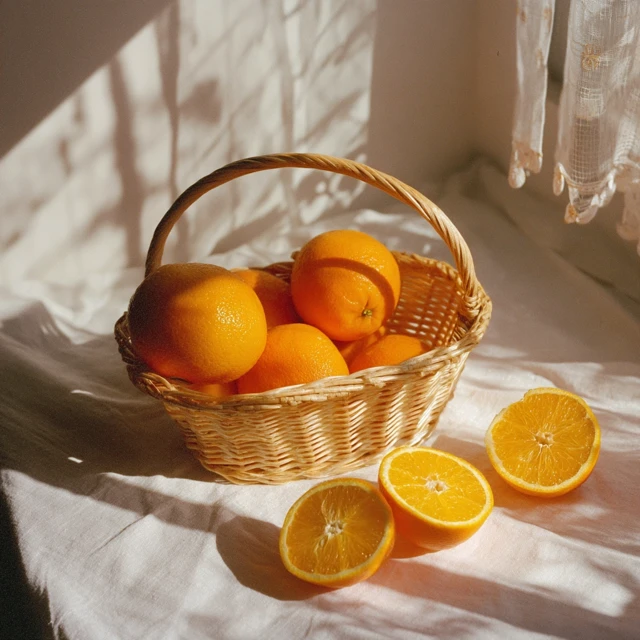 Oranges in a Basket Sunlight and Freshness