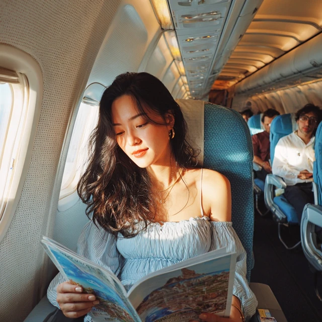 Asian Woman Reading on Airplane Travel Magazine