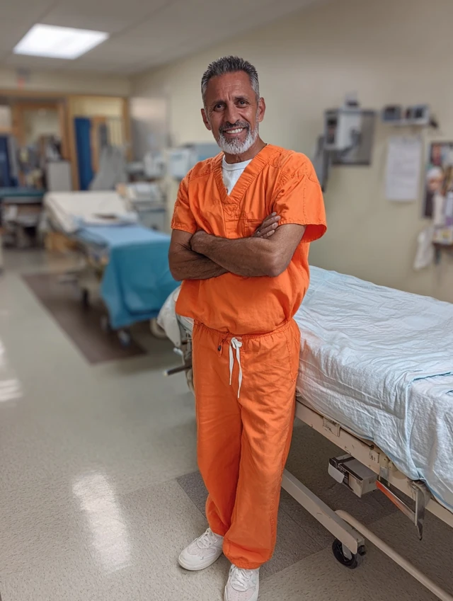 Smiling Doctor in Scrubs at Hospital