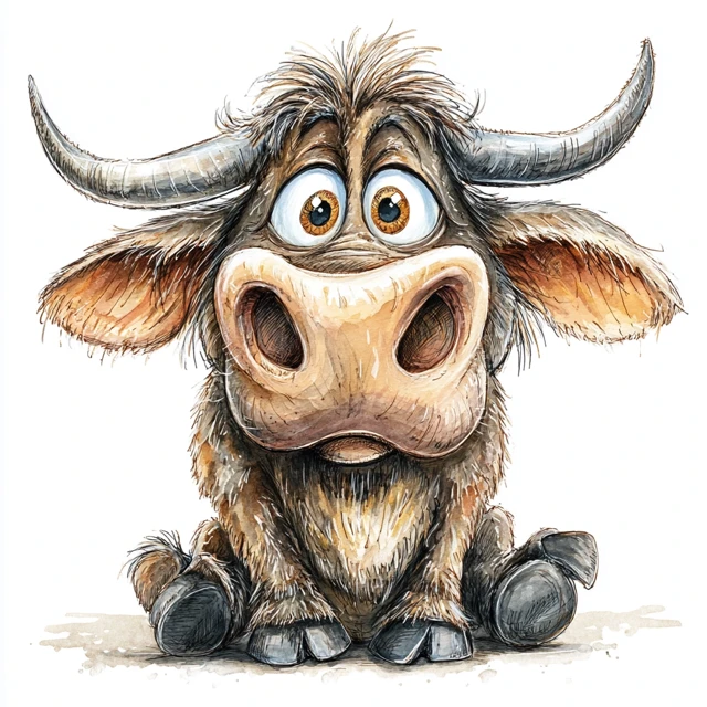 Cartoon Ox Watercolor Painting With Big Eyes