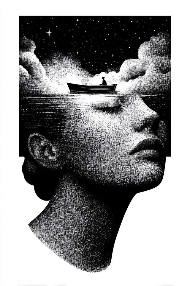 Surreal Dreamlike Ink Drawing of a Face with Boat and Stars