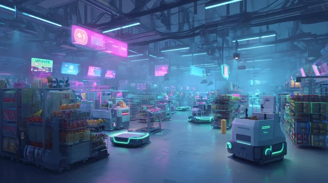 Futuristic Retail Warehouse with Robots and Neon Lights