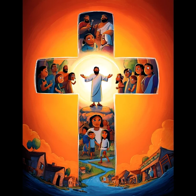 Cartoon Cross Illustration of Community and Hope