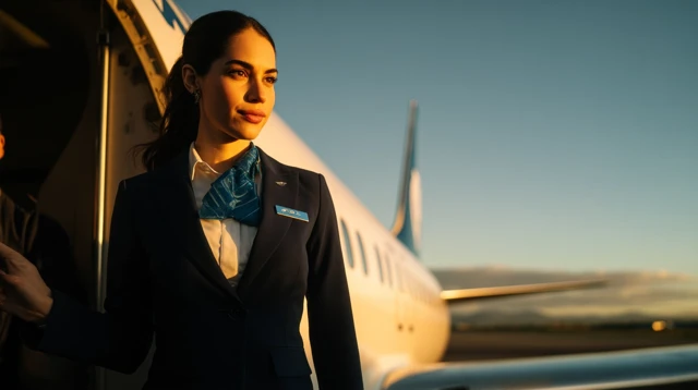 Beautiful Flight Attendant at Sunset Airplane Photo