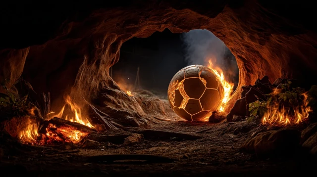 Soccer Ball in Cave Burning Flames Dramatic Scene