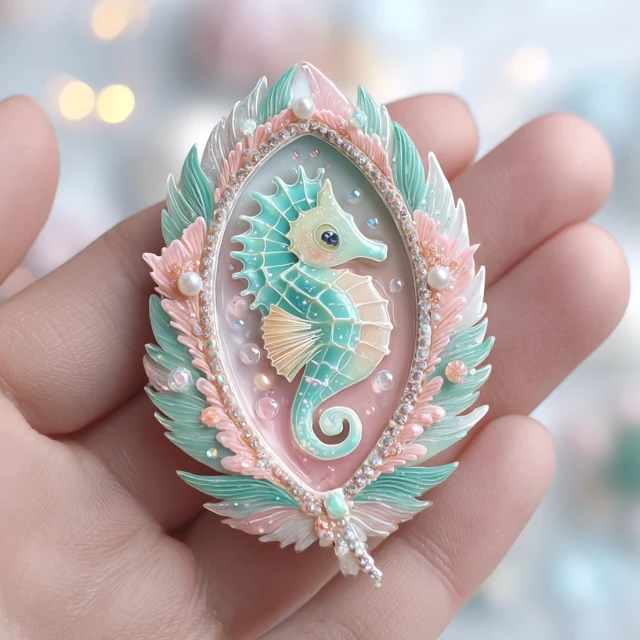 Kawaii Seahorse Brooch Polymer Clay Art