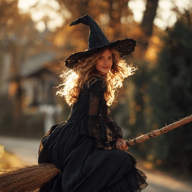 Happy Witch in Black Dress and Hat Halloween