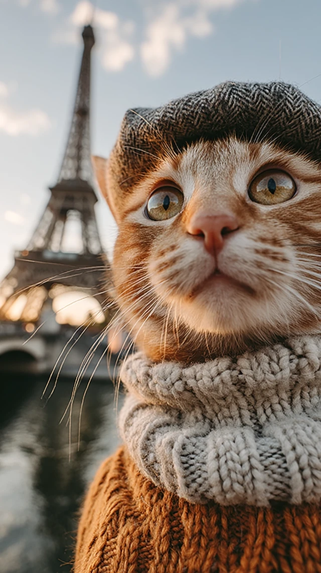 Cat in Paris Selfie Eiffel Tower