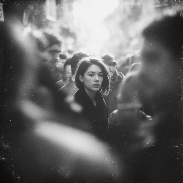 Woman on Street with Damaged Film Aesthetics