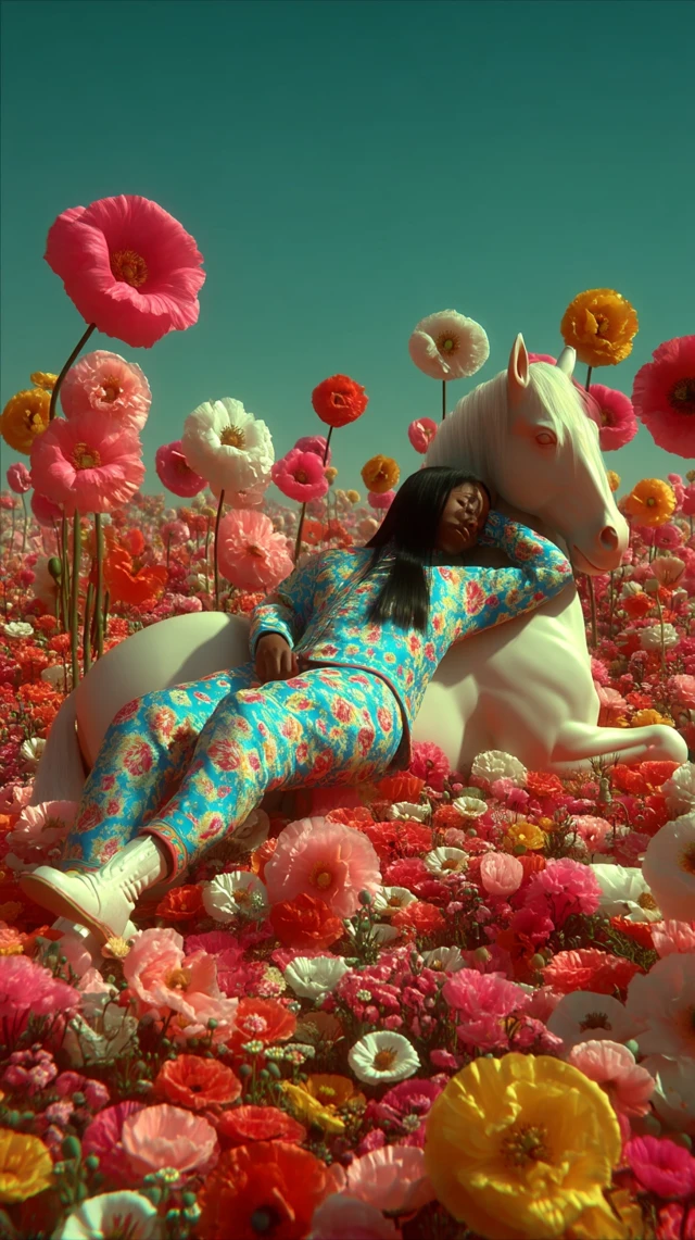 Surreal Dreamlike Photo of Woman and Horse in Poppy Field