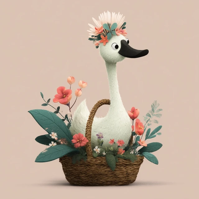 Cute Swan in Flower Hat and Basket Illustration