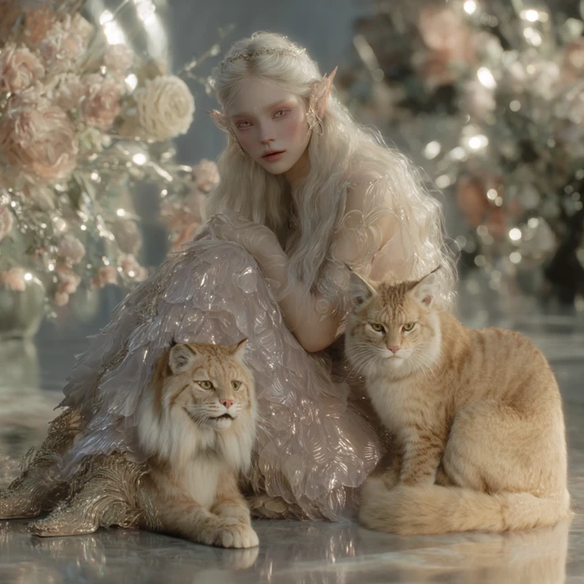 Elven Queen and Cats: Dreamlike 4k Portrait