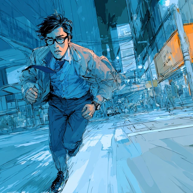 Japanese Man Running in City Manga Style Modern Art