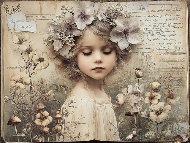 Vintage Journal Page Girl Flowers Birds
