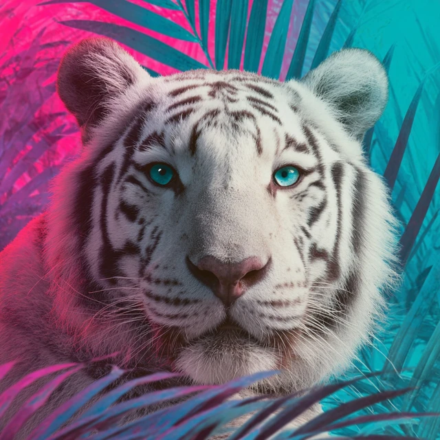 White Tiger with Teal Eyes Neon Palm Leaves
