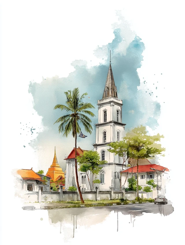 Savannakhet Laos Watercolor Painting: Catholic Church Art Print