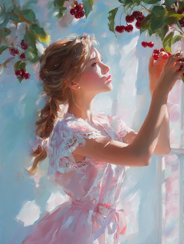 French Girl in Pink Dress Oil Painting