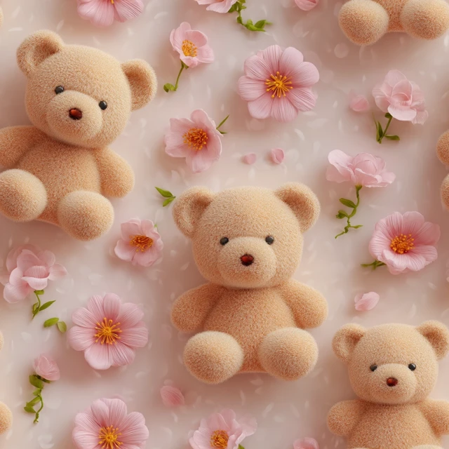 Cute Teddy Bear and Flowers Seamless Pattern 3D Render