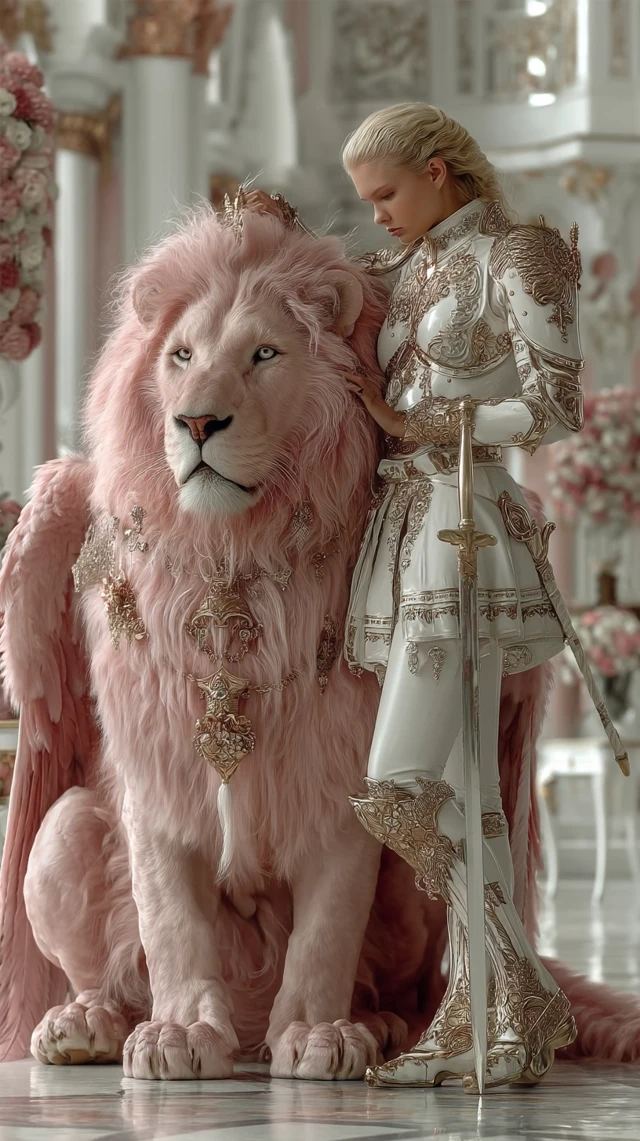 Angel Knight with Pink Wings and Lion
