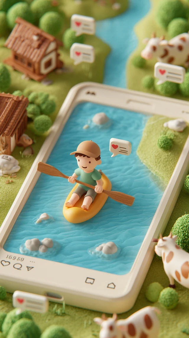 Cute Oriental Boy Paddling in 3D Landscape