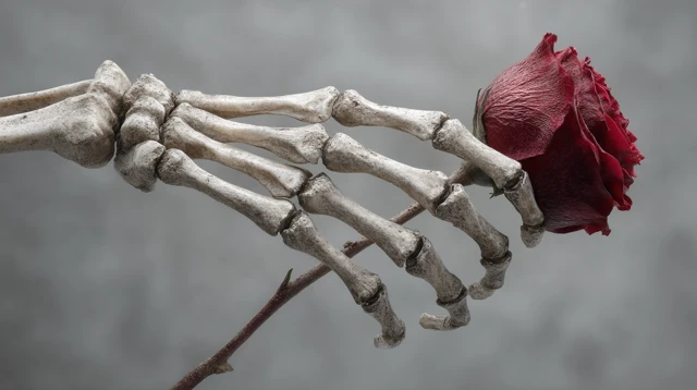Skeleton Hand Holding a Rose: Romantic Horror Art