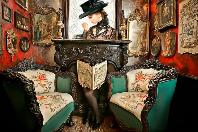 Victorian Muse Reading in Grand Living Room