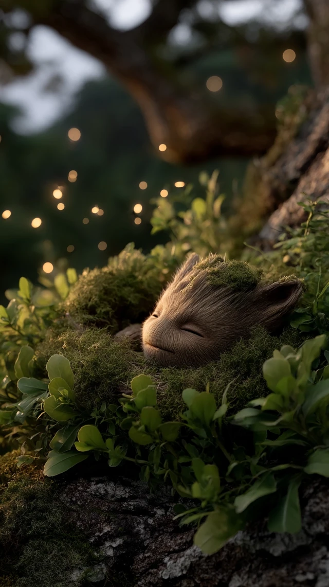 Baby Groot Sleeping in a Magical Forest
