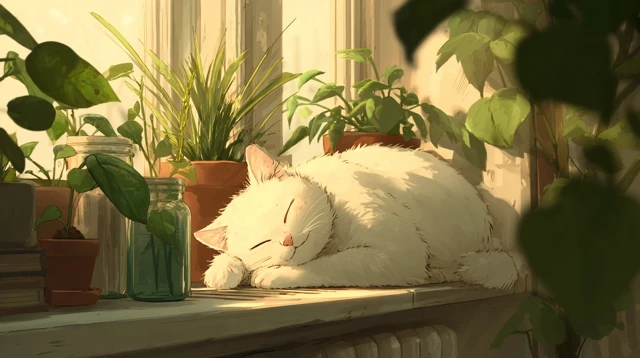 Sleeping Kitten on Windowsill with Houseplants