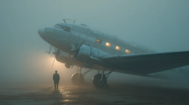 Foggy Airstrip Retro Plane Cinematic Scene