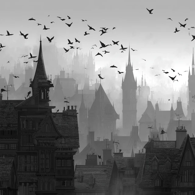 Gothic Vampire City: Black and White Illustration