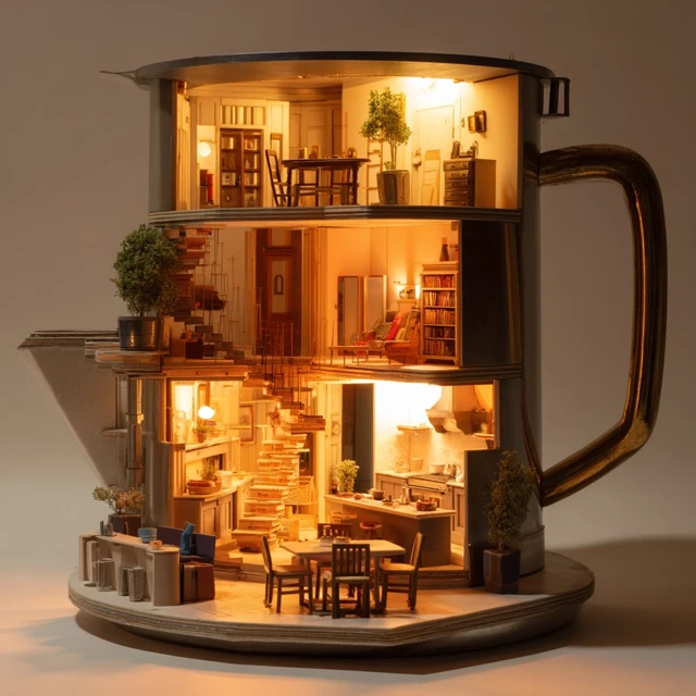 Miniature Home Interiors Inside Espresso Pot