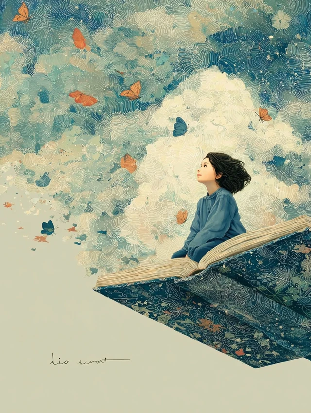 Girl on Flying Book Dreamy Illustration Art