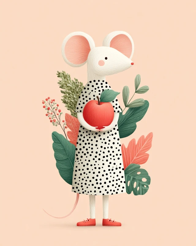 Cute Mouse in Apple Orchard Whimsical Illustration