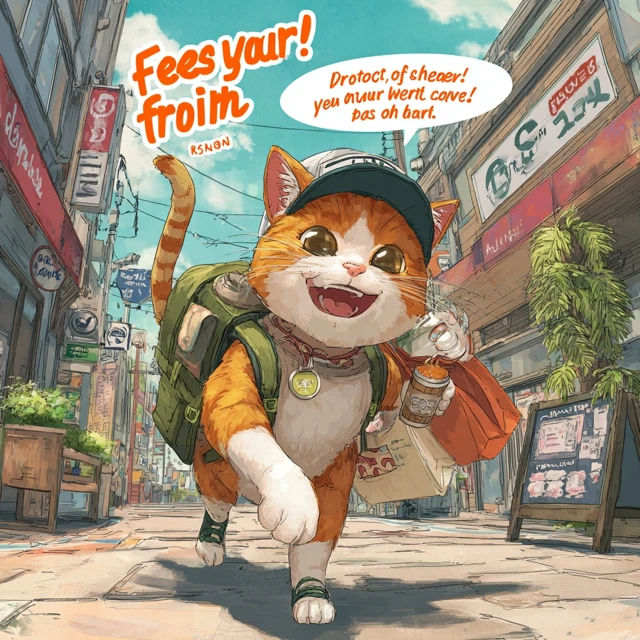 Cute Cat Running in Tokyo Anime Style
