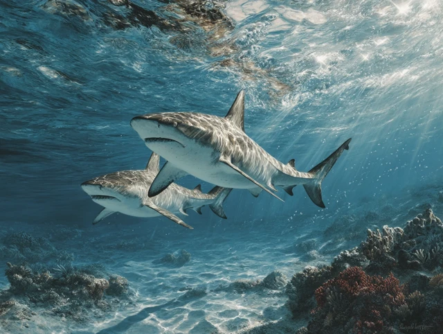 Realistic Shark Illustration in Ocean with Coral Reef