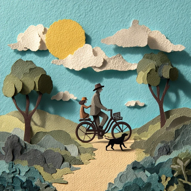 Father and Daughter Bike Ride in Paper Art Style