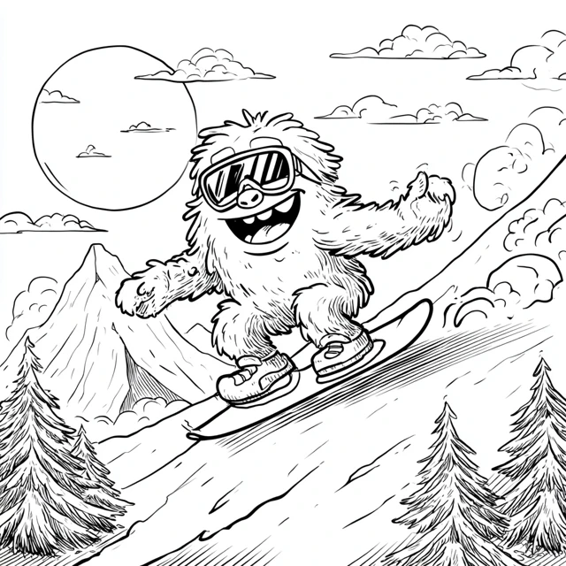 Yeti Snowboarding Coloring Page For Kids