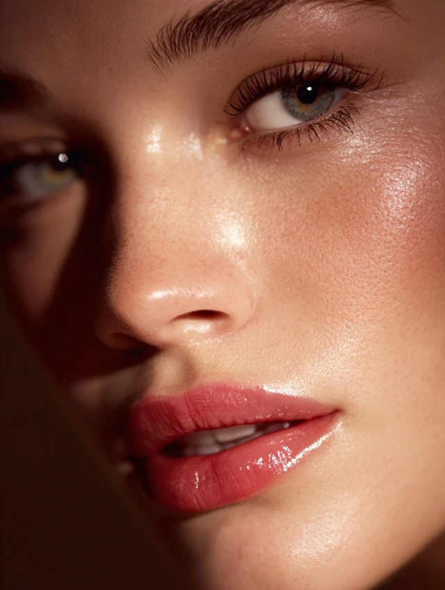Beauty Editorial Glowing Skin Glossy Lips Makeup
