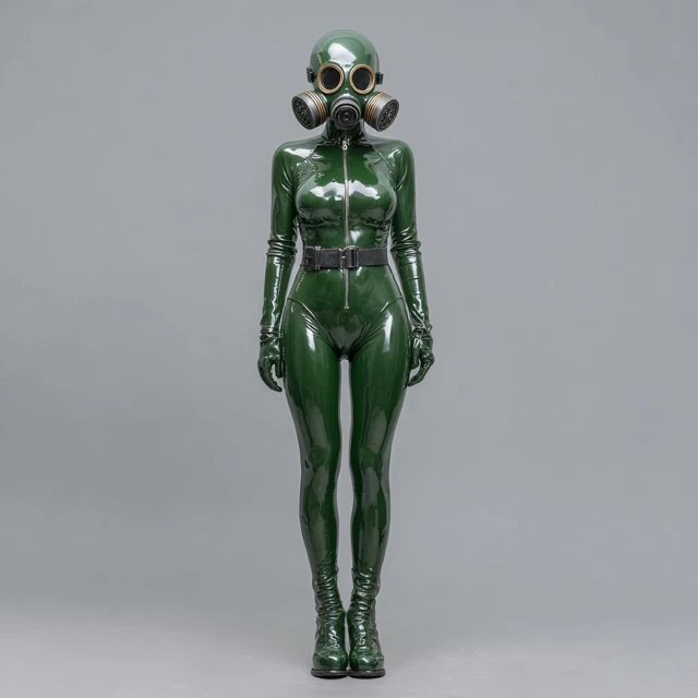 Woman in Green Latex Suit and Gas Mask