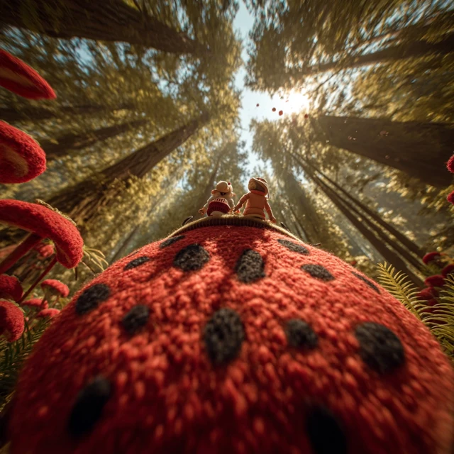Ladybug Flight Through Oversized Flower Forest