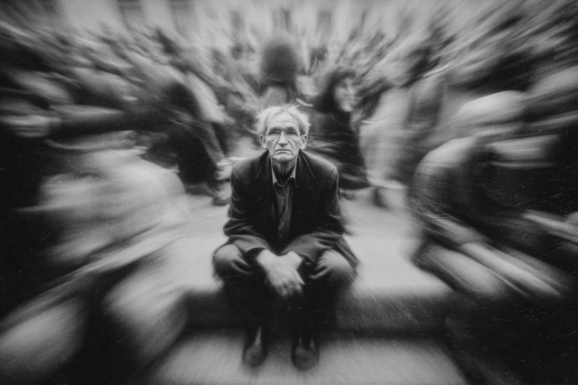 Old Man in Crowd Cinematic Black and White Photo