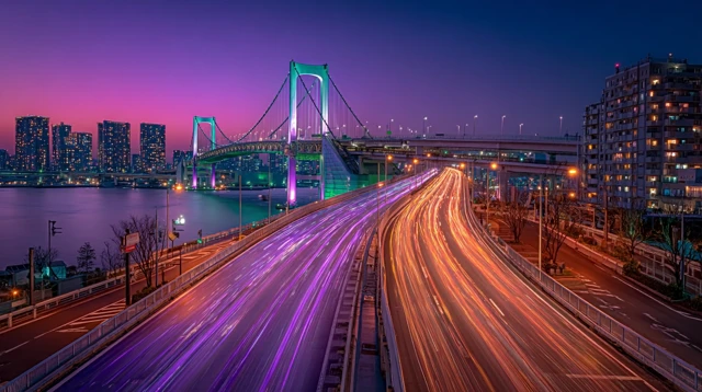 Tokyo Highway Night Rainbow Bridge Glowing