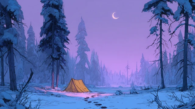 Snowy Forest Clearing Under Crescent Moon