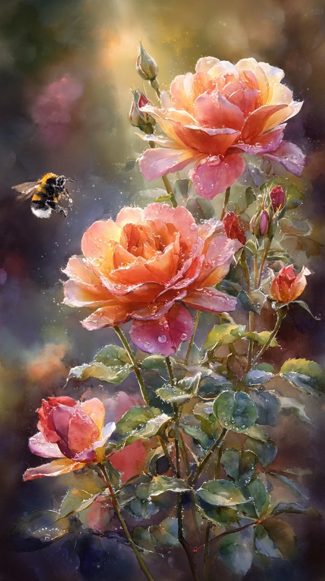 Watercolor Rose Bush Sunset Dreamy Art