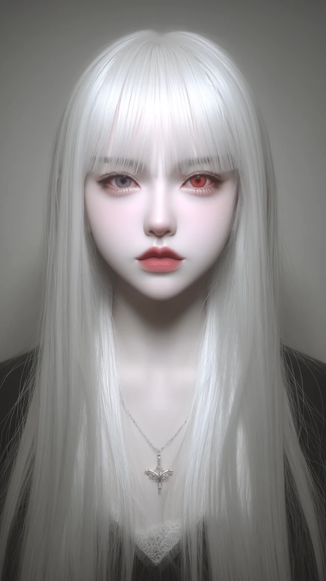 Portrait of a Woman with Red Eyes and White Hair