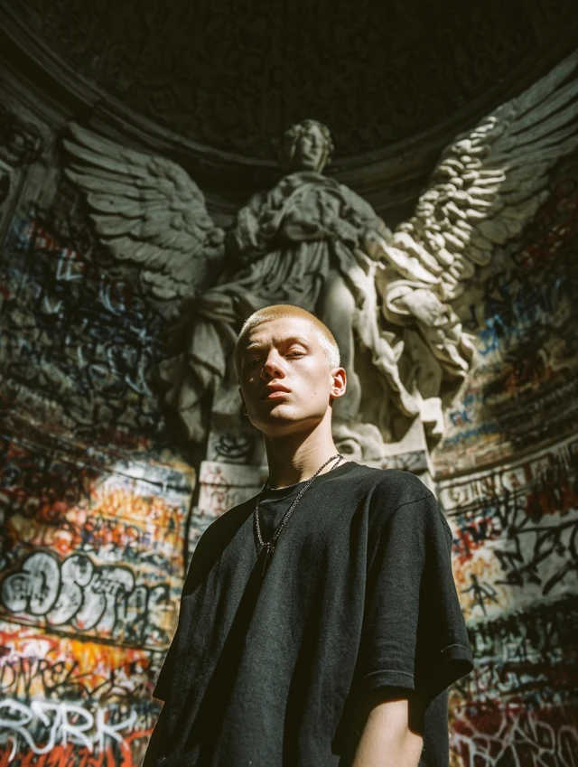Goth Model Buzzcut Graffiti Statue Photography