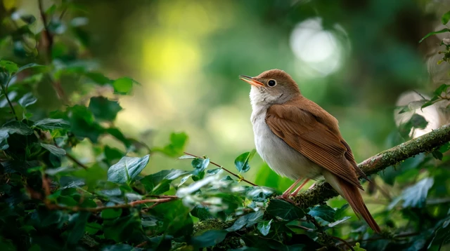 Nightingale Bird Perched on Branch in Nature