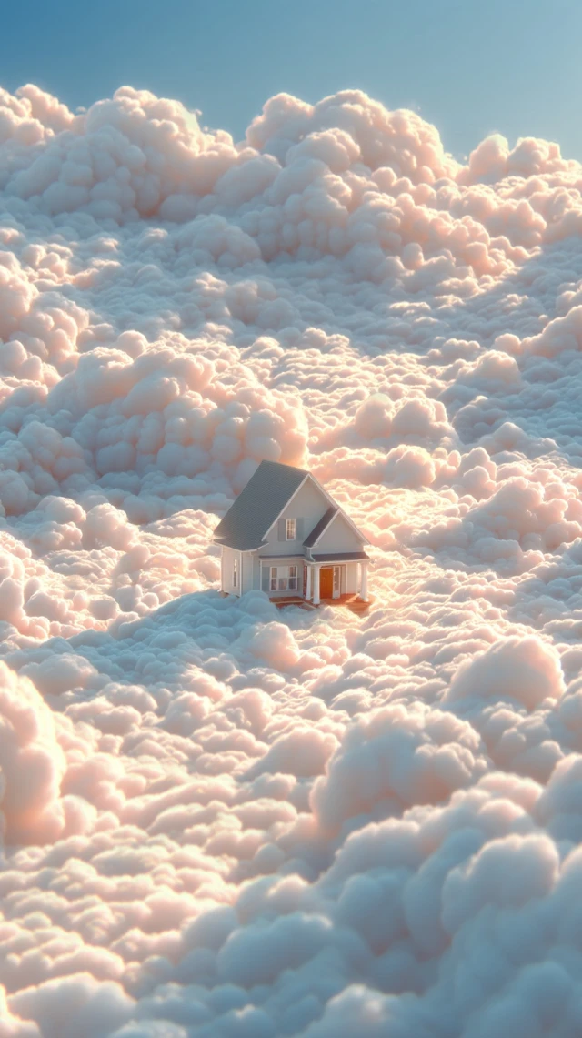 Floating House in the Clouds Dreamlike Serene Scene